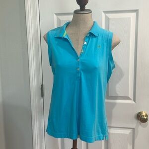 Lilly Pulitzer sleeveless polo shirt 100% cotton turquoise partial button L 10